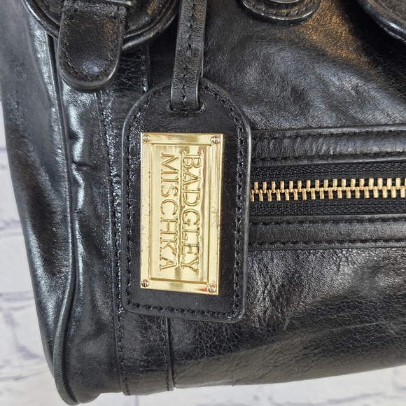 Badgley Mischka Black and Gold Satchel with Glossy Finish - Picture 2 of 16